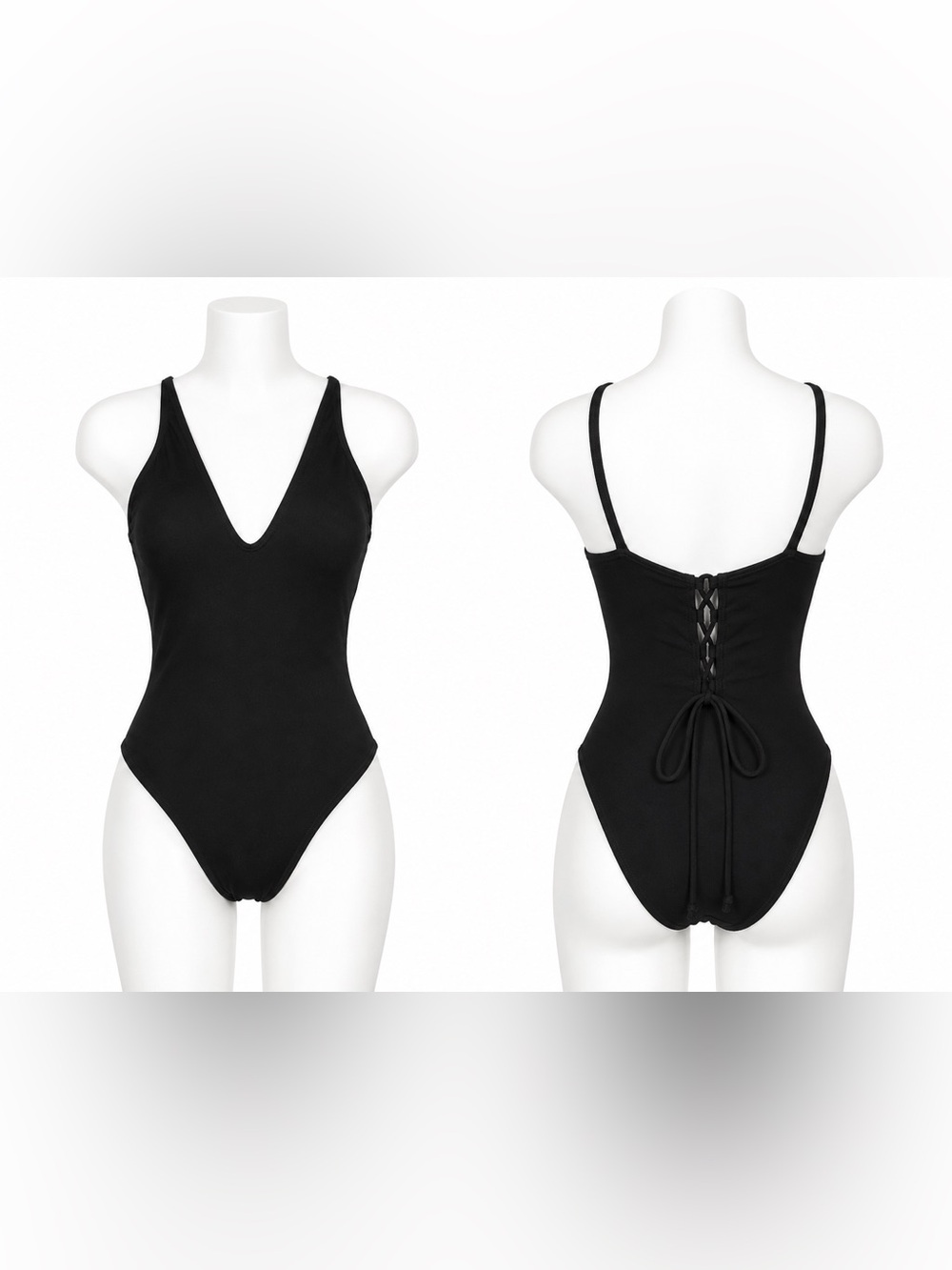 Black V-Neck Lace-Up Back One-Piece Swimsuit